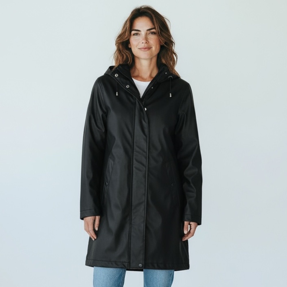 Eileen Fisher Hooded‎ Rain Jacket Coat Women's S Black Stow Hood Pockets EUC